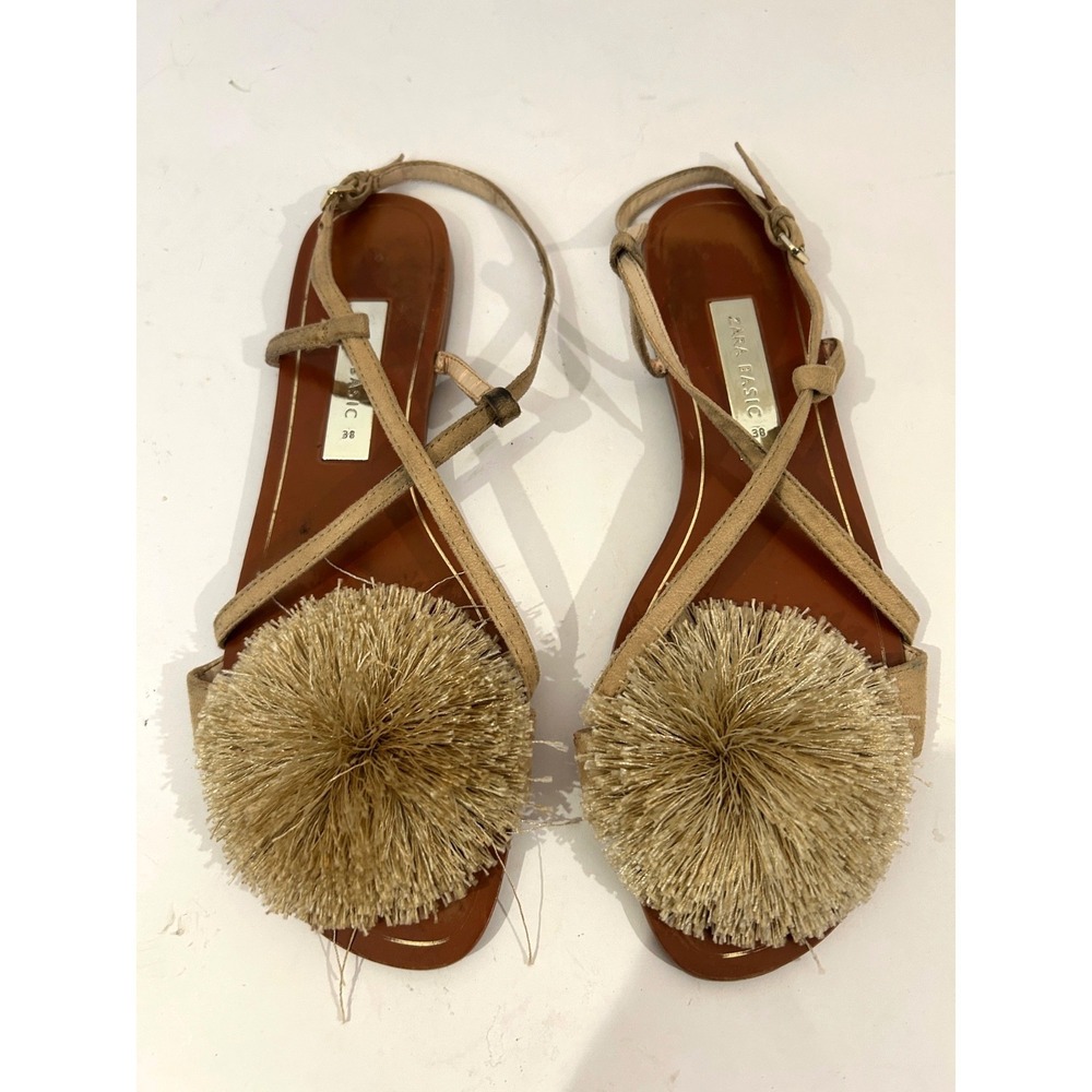 Zara Pom Pom Ankle Cross Strap Beige Brown Sandals Sz 38